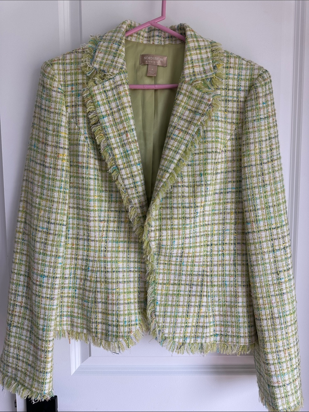 Nordstrom Studio Tweed Fringe Blazer Green Plaid Jacket Size M